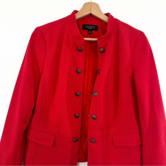 Talbots Womens 10 Petite Red Military Knit Twill Band Jacket Blazer Holiday - Picture 3 of 6